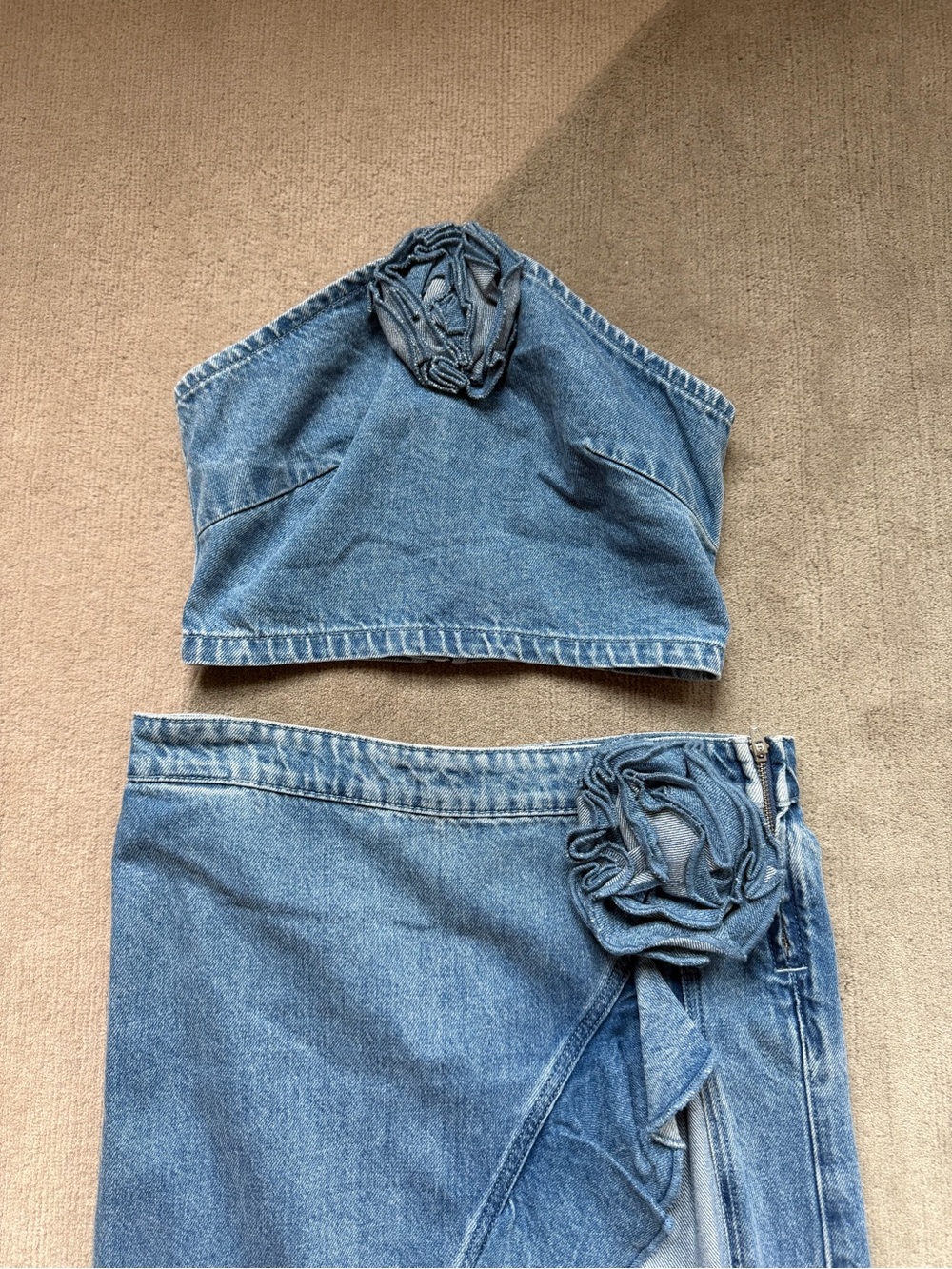 Lovers + Friends Blue Denim Two-Piece Jeans Set with Floral Rosette